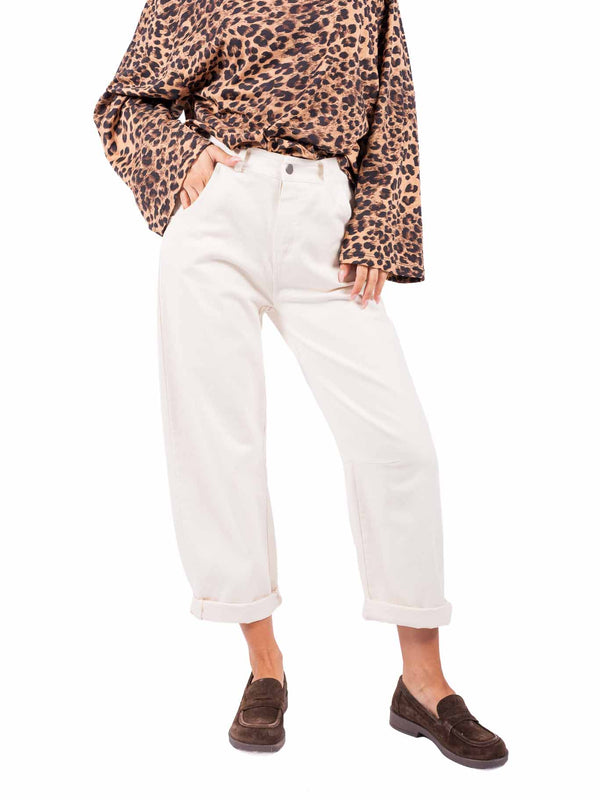 Pantaloni Barrel Fit con Vita Elasticizzata Panna da donna Tensione in