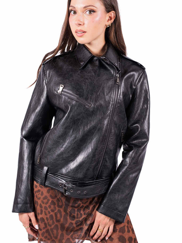 Giacca Biker EcoPelle Nera con Cintura da donna Tensione in