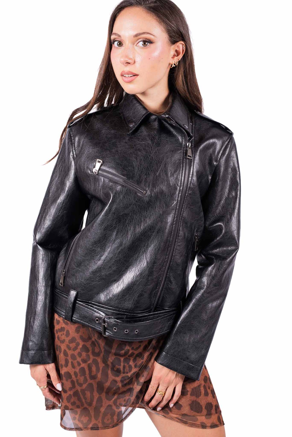 Giacca Biker EcoPelle Nera con Cintura donna Tensione in - 1