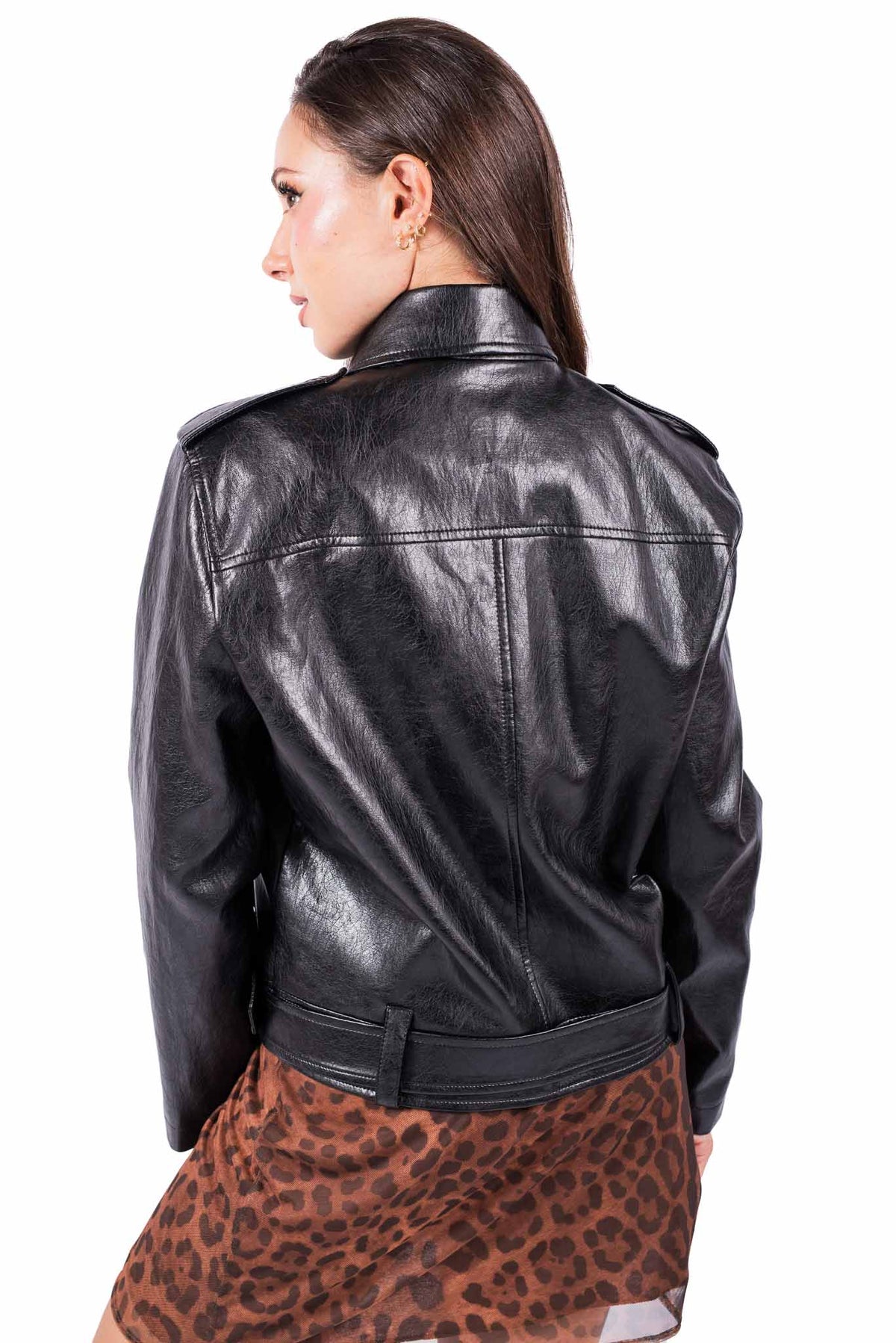 Giacca Biker EcoPelle Nera con Cintura donna Tensione in - 2