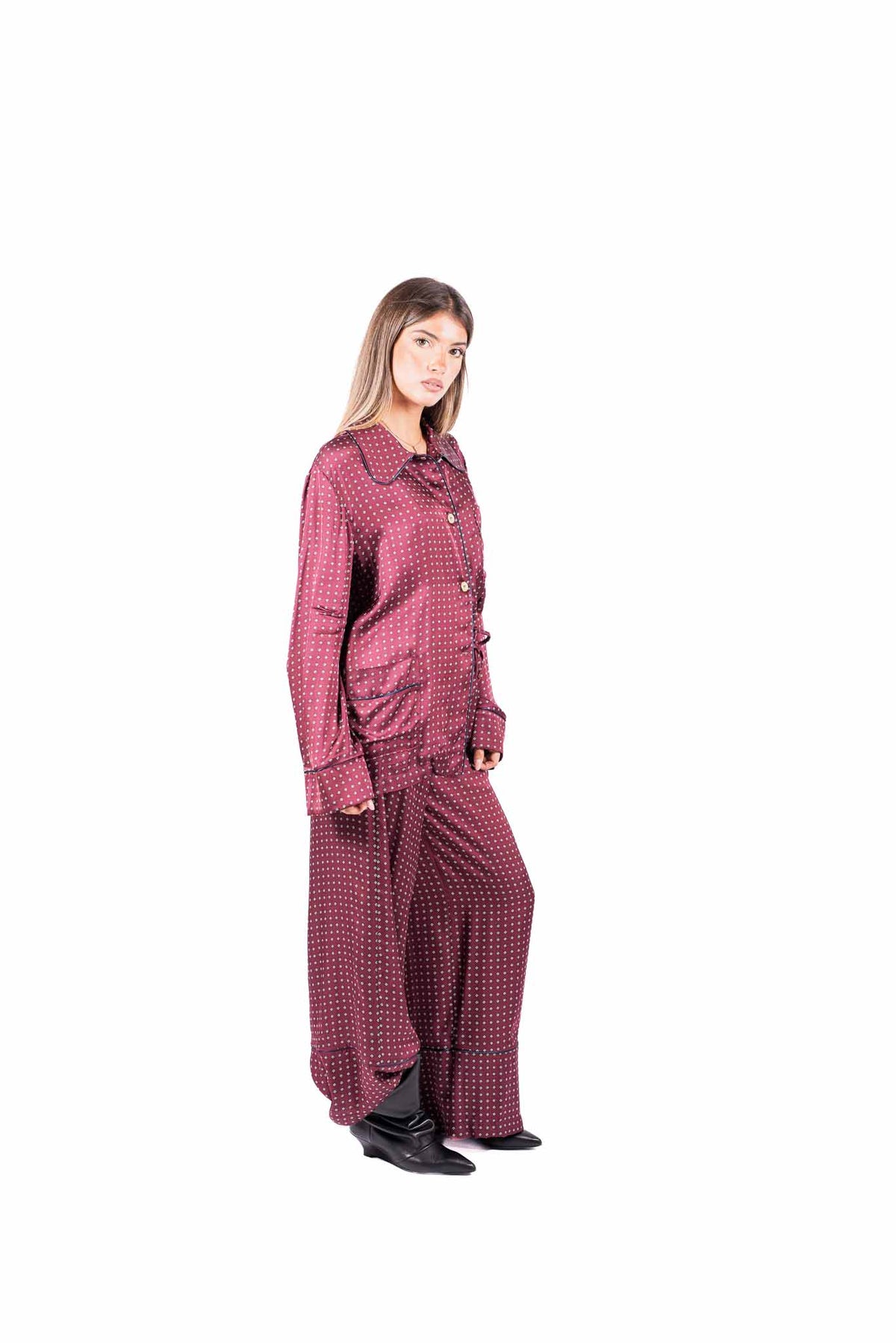 Camicia Satin Stile Pijama con Stampa Bordeaux donna Tensione in - 3