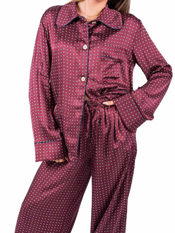 Camicia Satin Stile Pijama con Stampa Bordeaux da donna Tensione in
