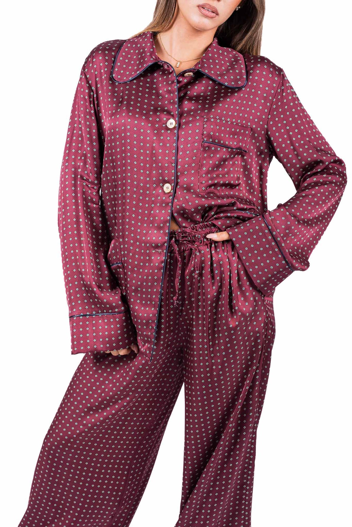 Camicia Satin Stile Pijama con Stampa Bordeaux donna Tensione in - 1