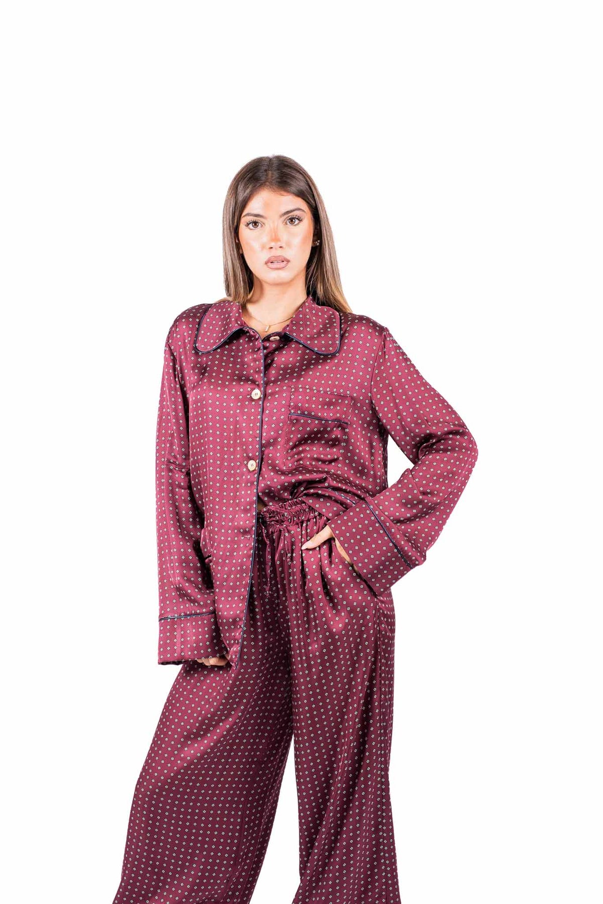 Camicia Satin Stile Pijama con Stampa Bordeaux donna Tensione in - 5