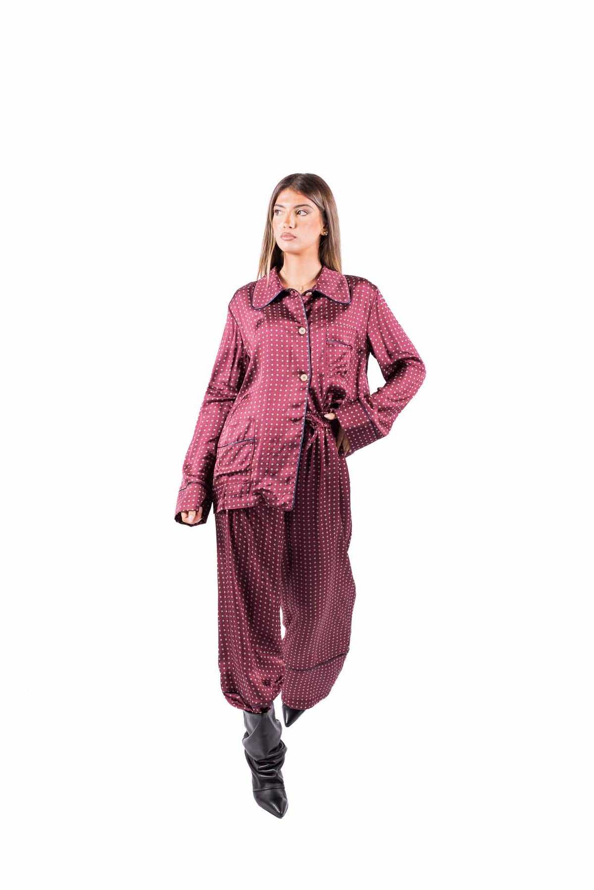 Camicia Satin Stile Pijama con Stampa Bordeaux donna Tensione in - 6