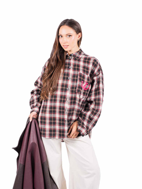 Camicia Oversize a Quadri con Ricamo Fluo da donna Tensione in