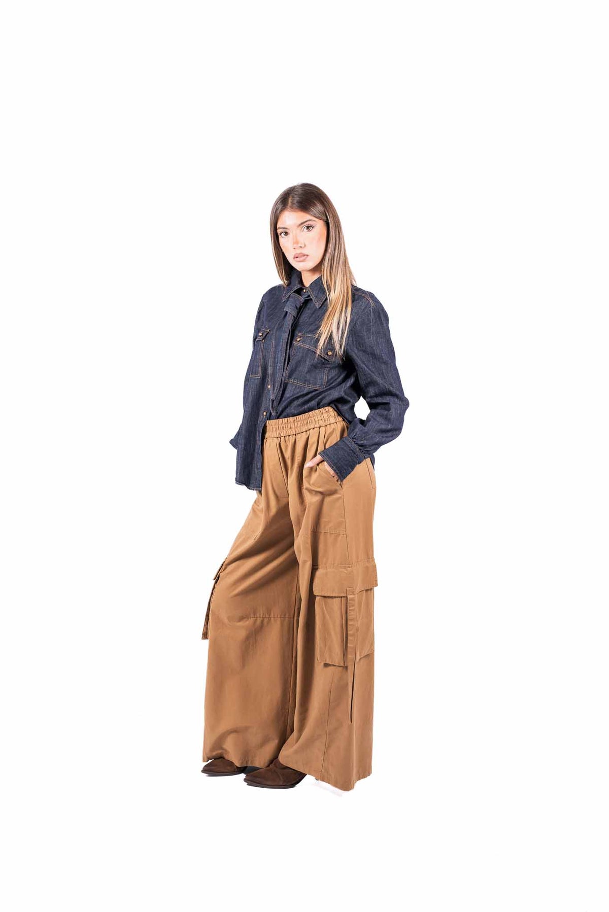 Pantaloni Cargo Wide Leg Cammello donna Tensione in - 4
